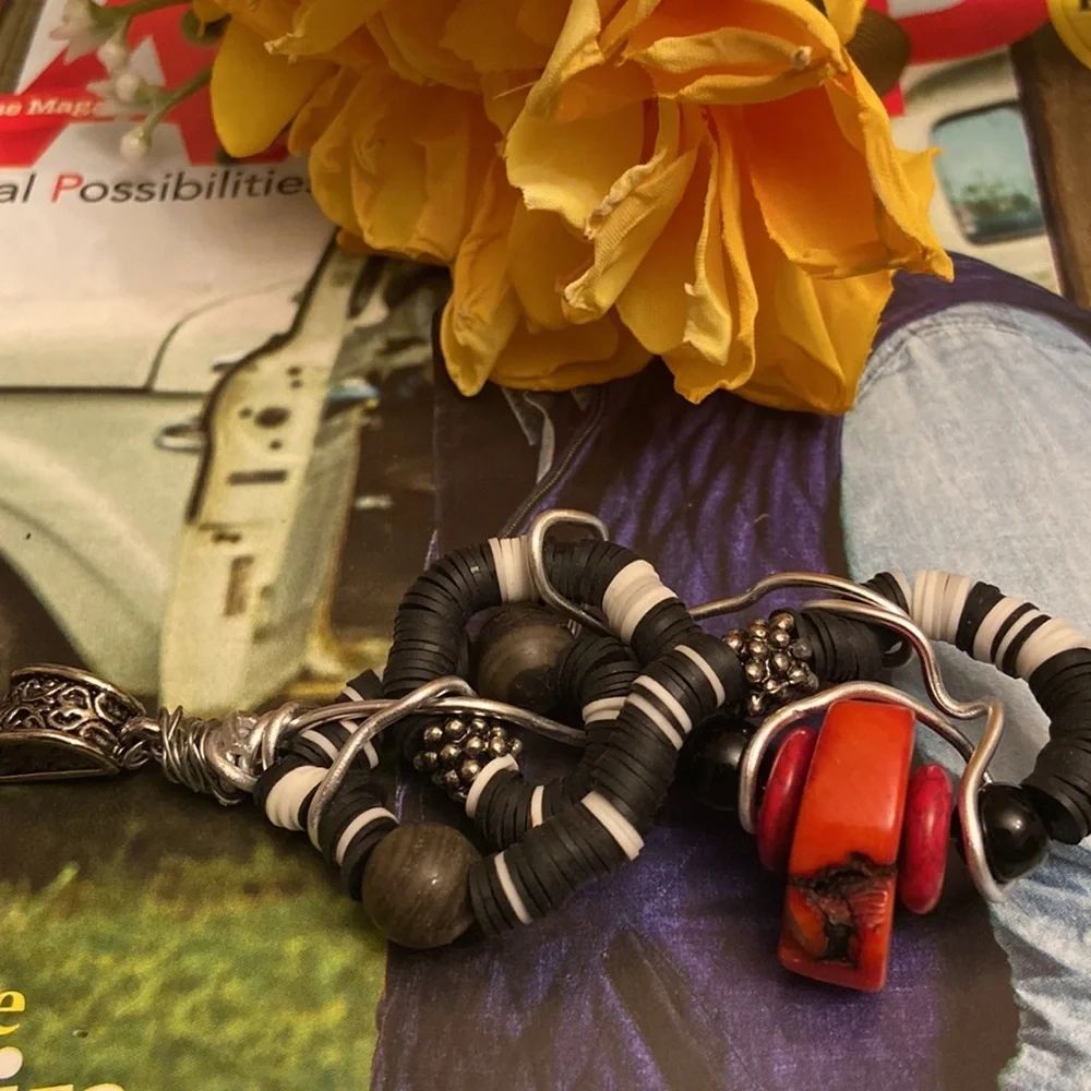 Red Natural Coral Disc Wire Bohemian Polymer Discs & Gray Jasper Silver Pendant - Picture 2 of 2